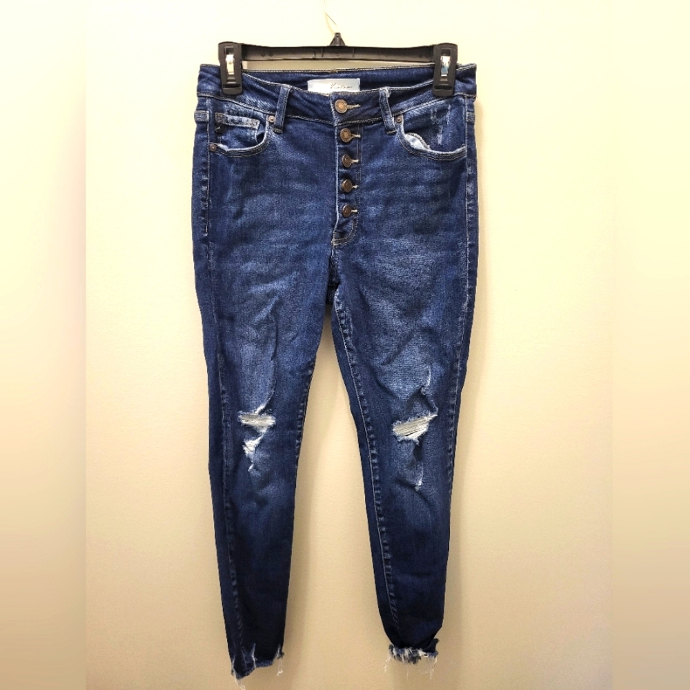 KanCan Women's Distressed High Rise Skinny Button Fly Dark Wash Jeans 9/28
